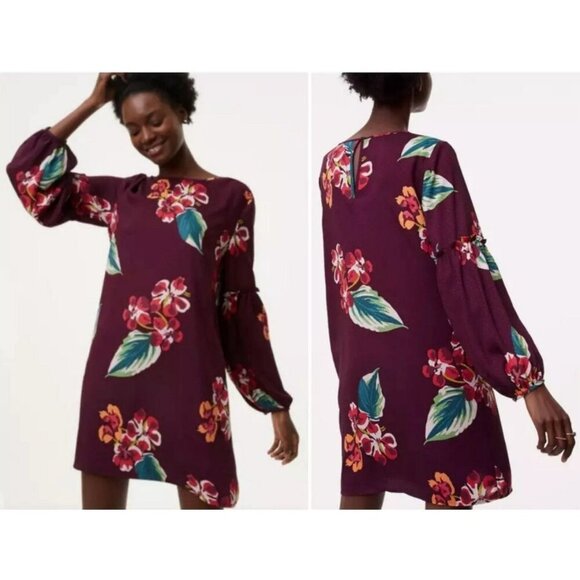 Loft Autumn Luau Ruffle Sleeve Polka Dot Floral Plum Shift Dress Medium Petite - Picture 1 of 9